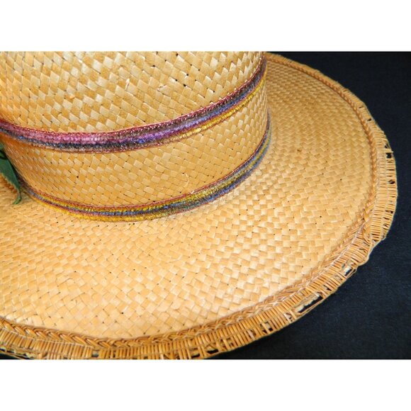 Vtg Italian Straw Hat With Figurine & Accents 1950s Boater Gatsby Autumn Fall - Picture 11 of 16